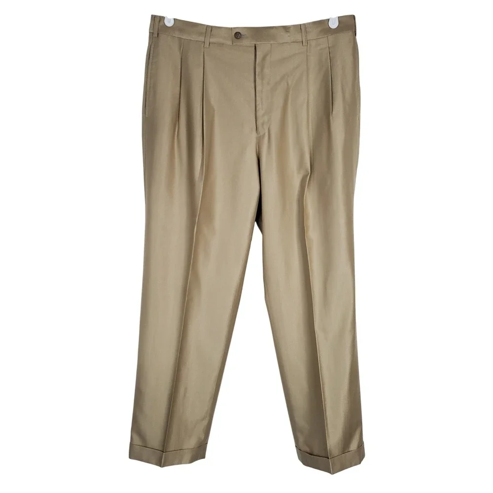 Sean John 43R 37R Gold Beige Silk Wool Two-Piece Suit Blazer Pants Career Formal